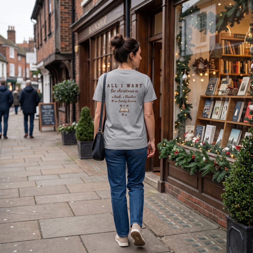 Bookish Christmas T-Shirt – A Book, a Blanket & No Family Drama